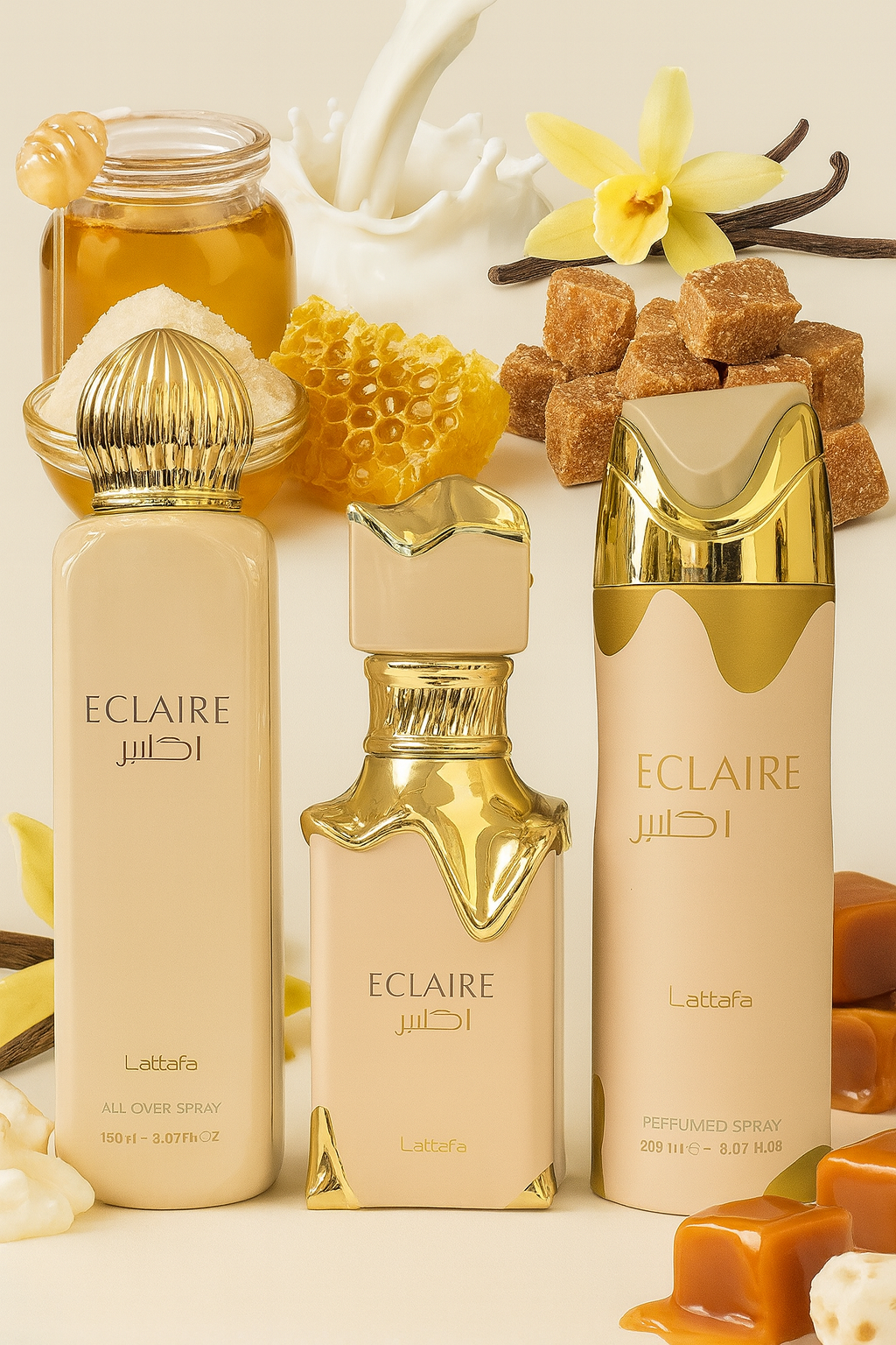 Set Lattafa Eclaire – Perfume 100 ml + Spray multiusos 150 ml + Desodorante 200 ml