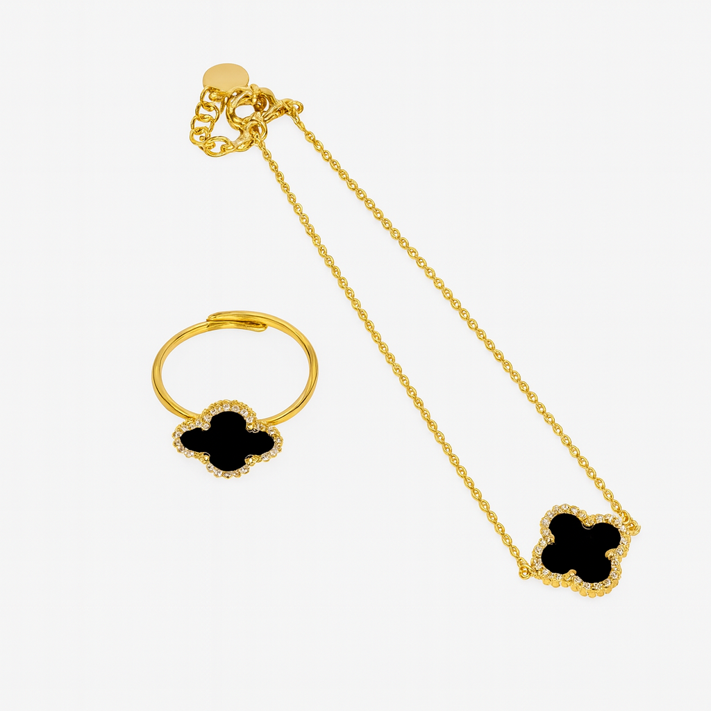 Kleeblatt Verschiedene Sets Kette, Armband, Ring, Ohrringe -  Gold/Silber - Edelstahl, 14 Karat Farbe