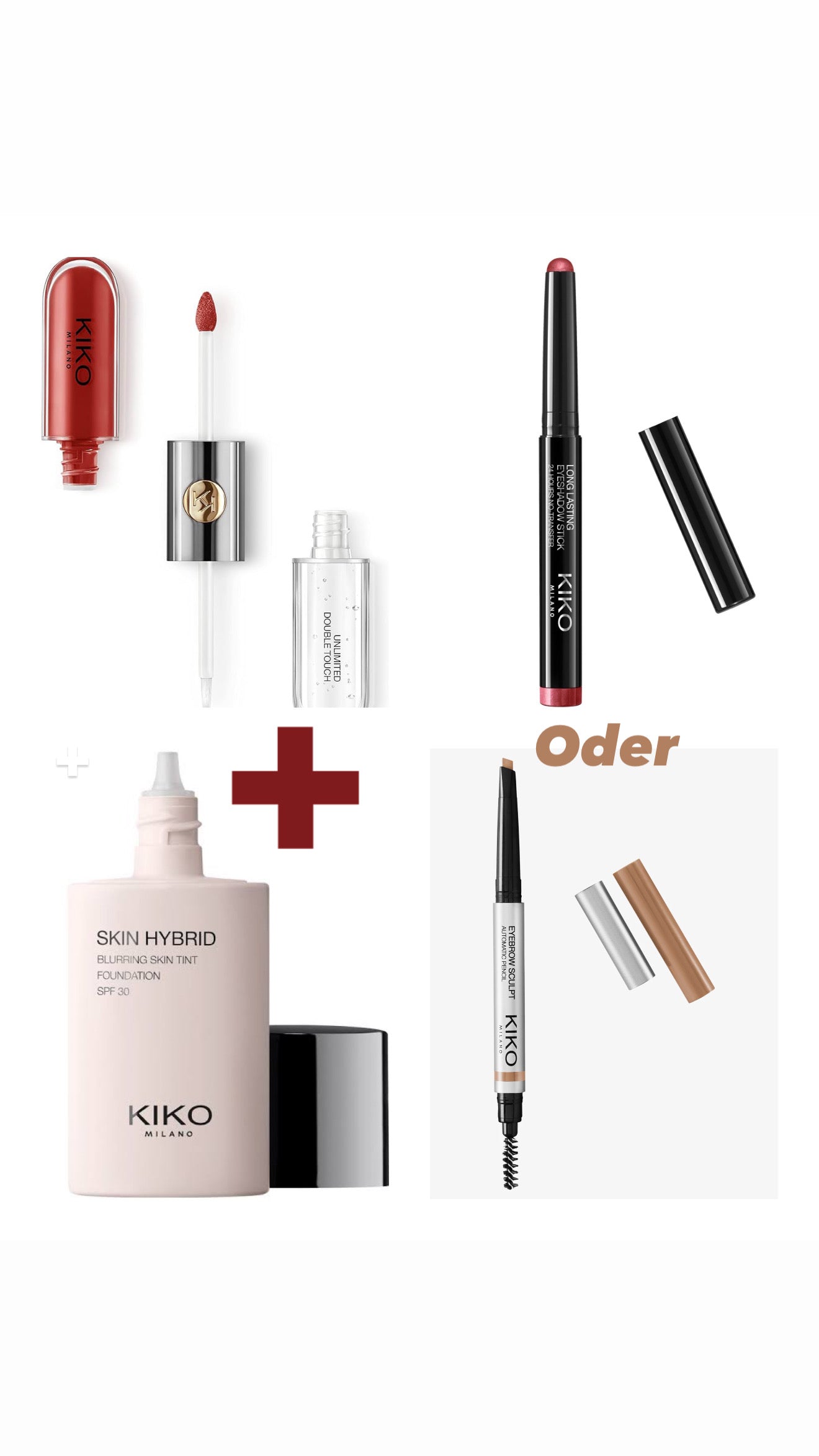 Kiko 2+1 Lipgloss+Foundation + 1 Gratis Produkt - Lidschatten stick oder Augenbrauenstift